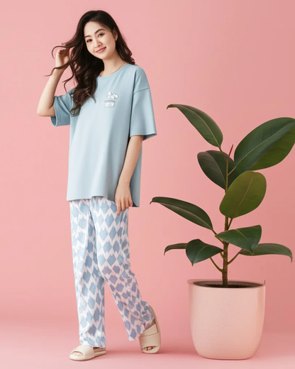 Women's Pastel Blue Loungewear Set – Soft Oversized Short Sleeve Top & Geometric Trousers