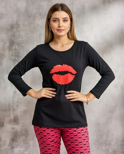 Chic Red Lips Printed Nightwear Set – Cozy Long Sleeve Shirt & Printed Pajamas
