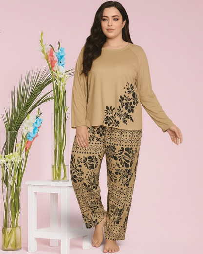 Women's Floral Print Loungewear Set – Elegant Long Sleeve Top & Matching Wide-Leg Pajamas