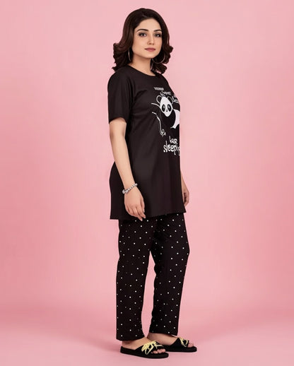 Cute Panda Printed Nightwear Set – Cozy Short Sleeve Top & Polka Dot Pajamas