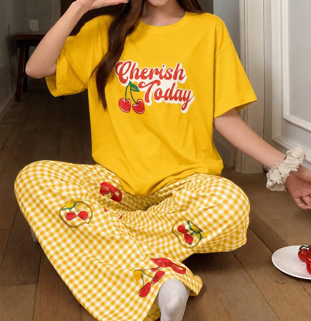 "Cherish Today" Cherry Print & Gingham Pajama Set