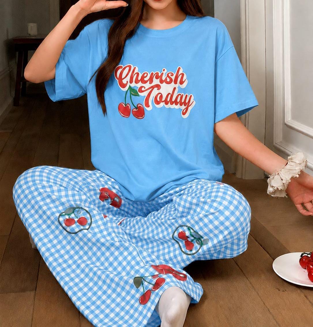 "Cherish Today" Cherry Print & Gingham Pajama Set