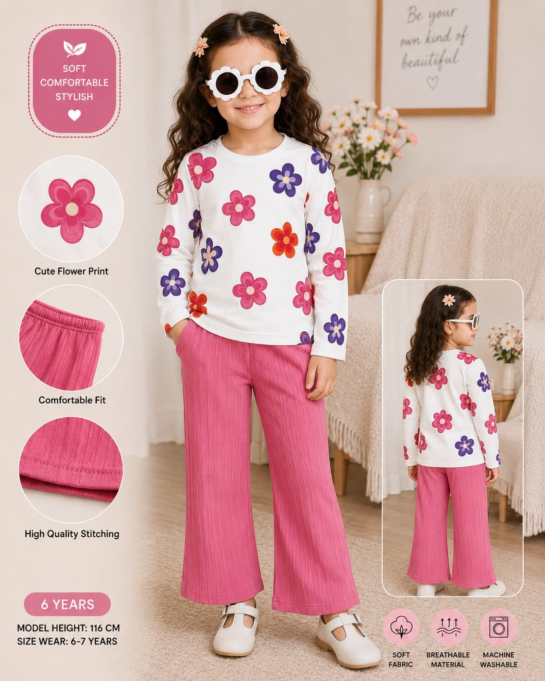 Cute Floral Long Sleeve Top & Pink Trousers Set for Girls – Soft & Comfortable Kids Outfit