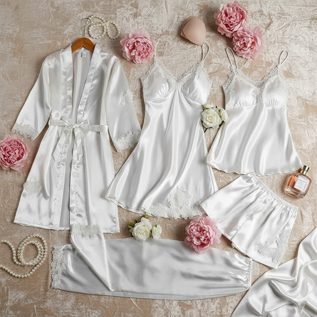 5 pcs Non Padded Pure Silk Pajama Set Cami Top Nightgown