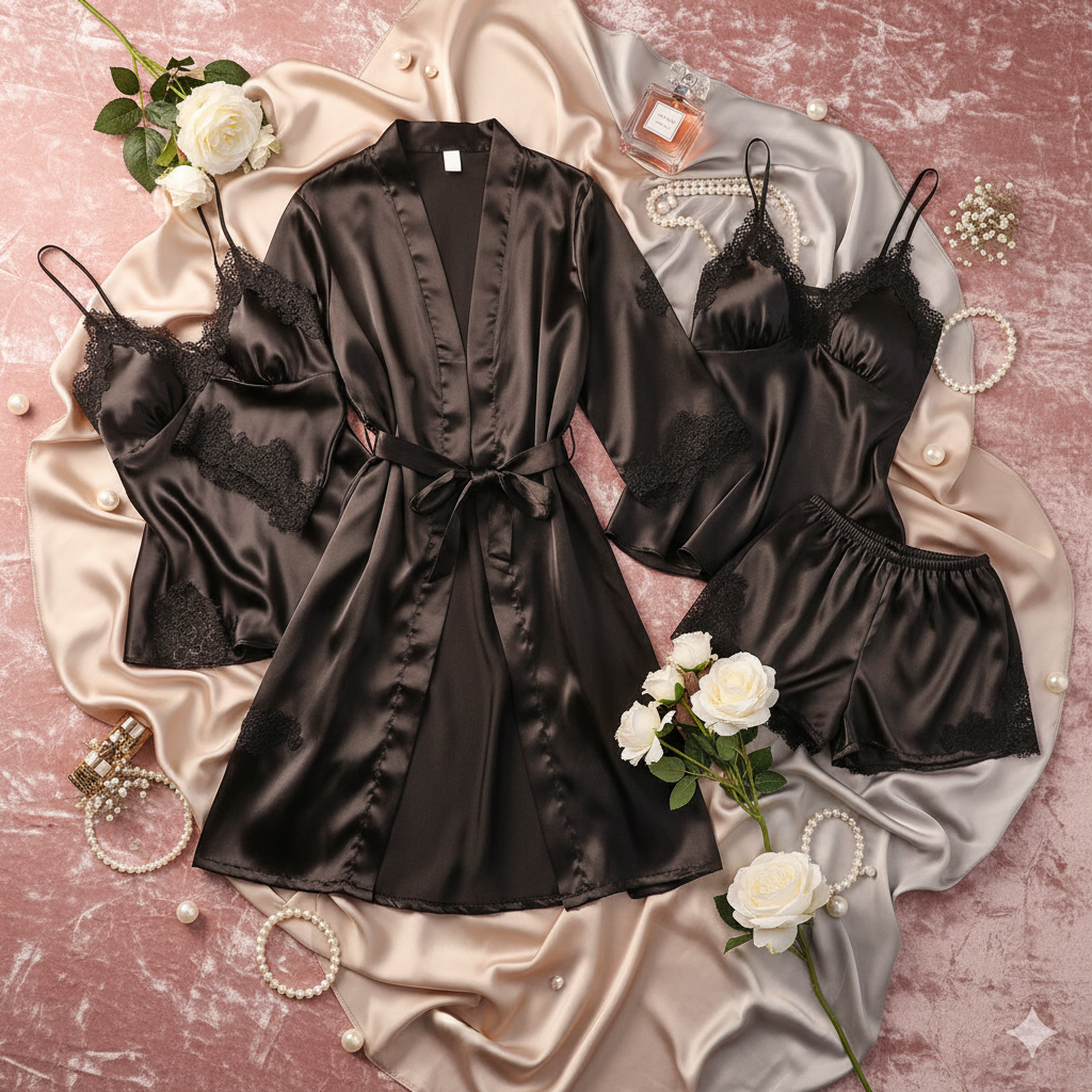 5 pcs Non Padded Pure Silk Pajama Set Cami Top Nightgown