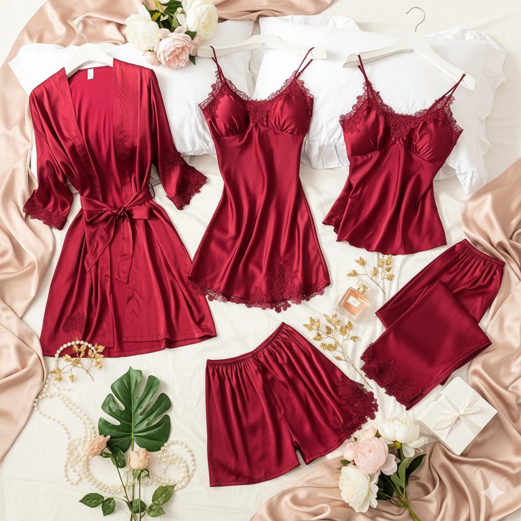 5 pcs Non Padded Pure Silk Pajama Set Cami Top Nightgown