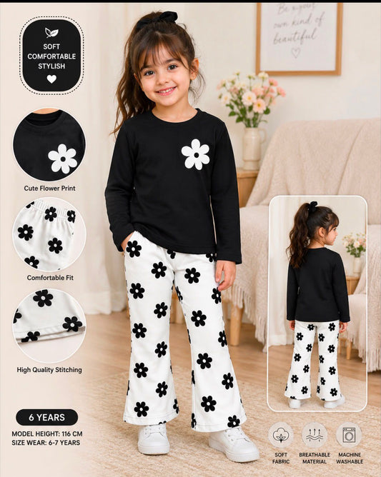 Girls' Black Long Sleeve Top & Floral Print Trousers Set – Soft & Stylish 2-Piece Kids Outfit