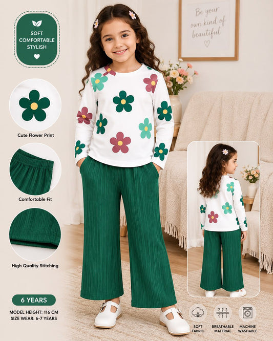 Girls' Cute Floral Long Sleeve Top & Green Trousers Set – Soft & Stylish Kids Outfit