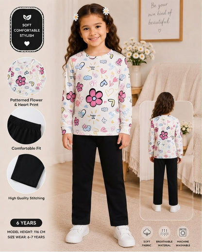 Girls' Cute Heart & Flower Print Long Sleeve Top with Black Trousers Set – Soft 2-Piece Kids Outfit