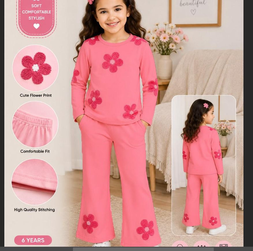 Girls' Pink Floral 2-Piece Sweatshirt & Wide-Leg Trouser Set – Soft & Cozy Kids Outfit
