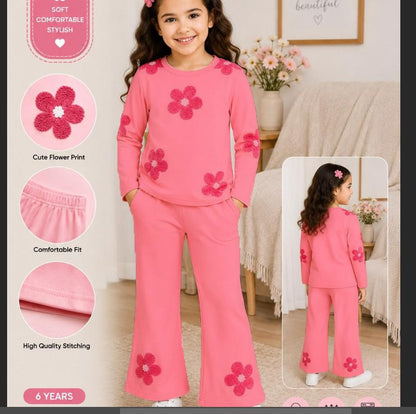Girls' Pink Floral 2-Piece Sweatshirt & Wide-Leg Trouser Set – Soft & Cozy Kids Outfit