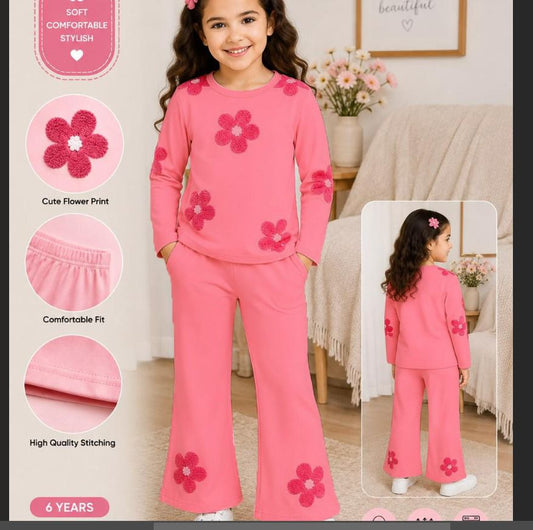 Girls' Pink Floral 2-Piece Sweatshirt & Wide-Leg Trouser Set – Soft & Cozy Kids Outfit