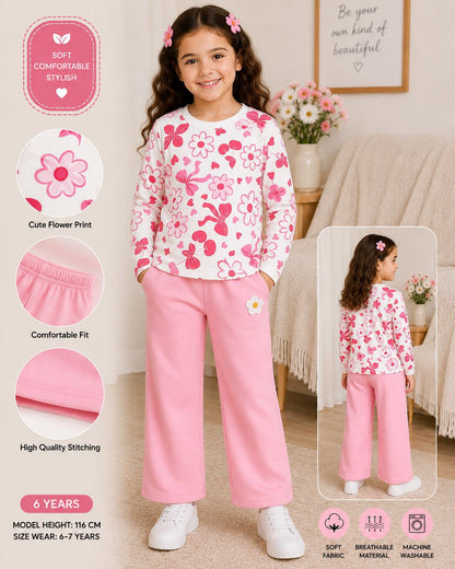 Girls' Pink Flower & Bow Print Long Sleeve Top with Light Pink Pants Set – Soft 2-Piece Kids Outfit