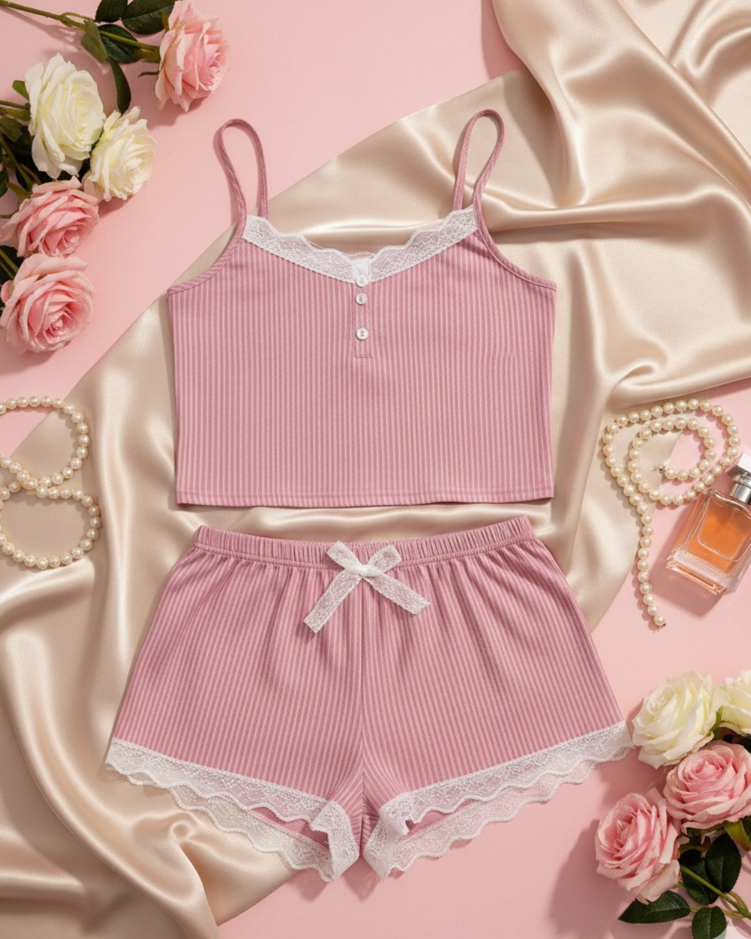 Women’s Lace Camisole & Shorts Sleepwear Set – Summer Nightwear | Elegant, Breathable Loungewear