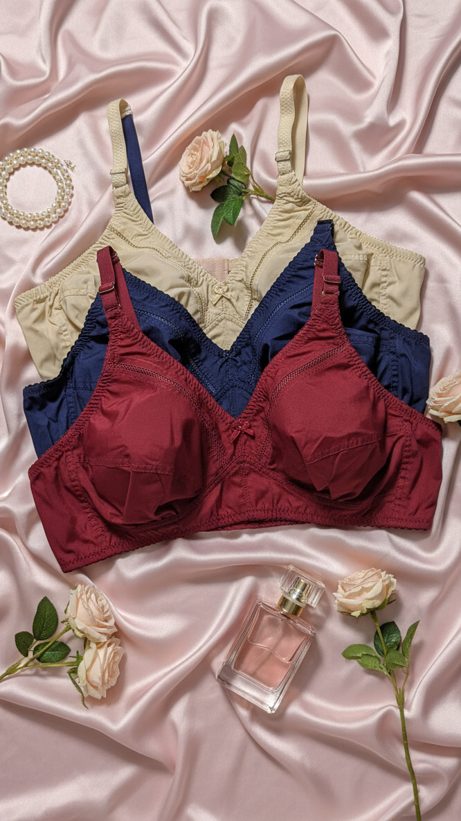 Set of bras and panties on a pink satin background with flowers and a perfume bottle.