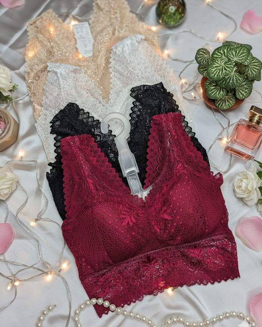 Net Padded Floral Lace Bralette For Women