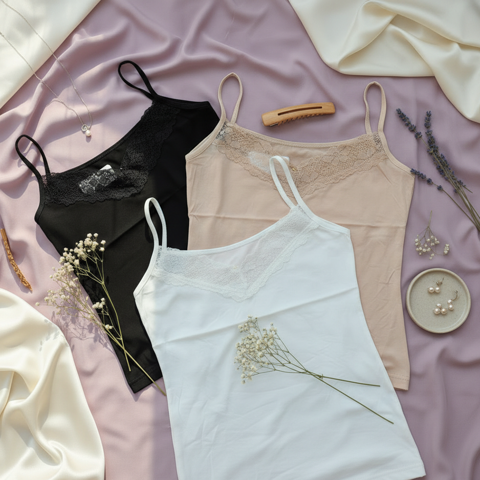 Trio of black, white, and nude lace-trim cotton camisoles for women
