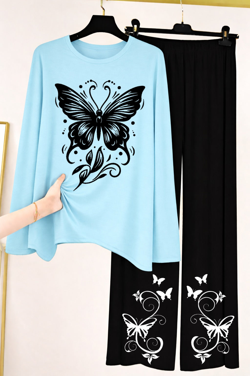 Butterfly Graphic Long-Sleeve Top & Wide-Leg Lounge Pants Set