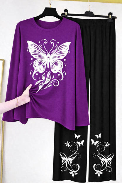 Butterfly Graphic Long-Sleeve Top & Wide-Leg Lounge Pants Set