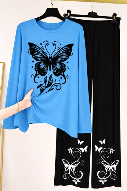 Butterfly Graphic Long-Sleeve Top & Wide-Leg Lounge Pants Set