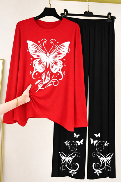 Butterfly Graphic Long-Sleeve Top & Wide-Leg Lounge Pants Set