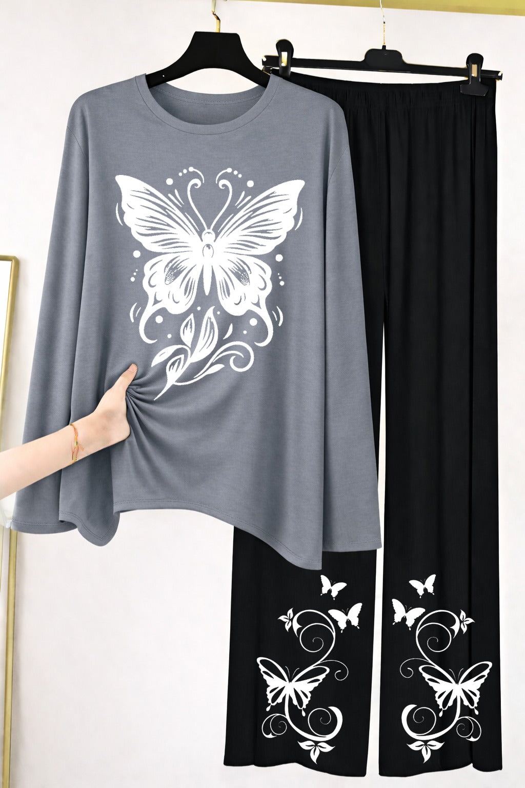 Butterfly Graphic Long-Sleeve Top & Wide-Leg Lounge Pants Set