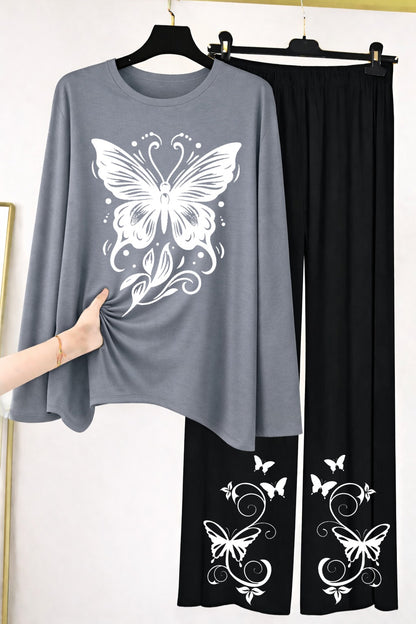 Butterfly Graphic Long-Sleeve Top & Wide-Leg Lounge Pants Set