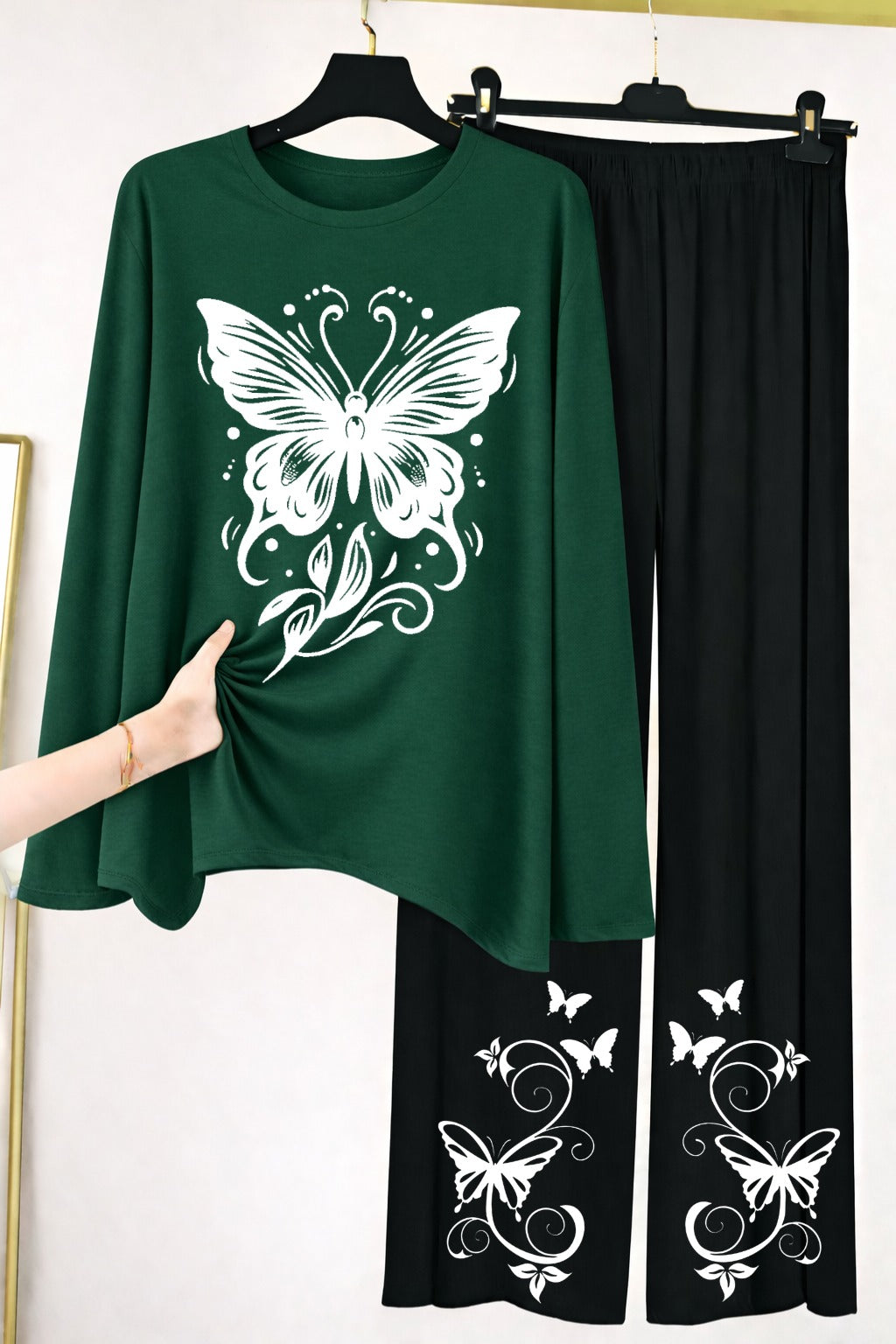 Butterfly Graphic Long-Sleeve Top & Wide-Leg Lounge Pants Set