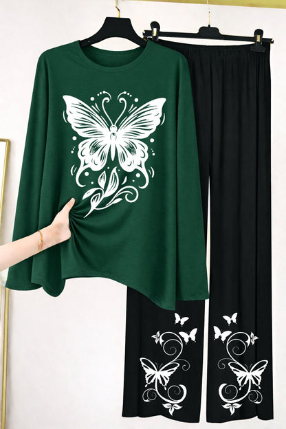 Butterfly Graphic Long-Sleeve Top & Wide-Leg Lounge Pants Set