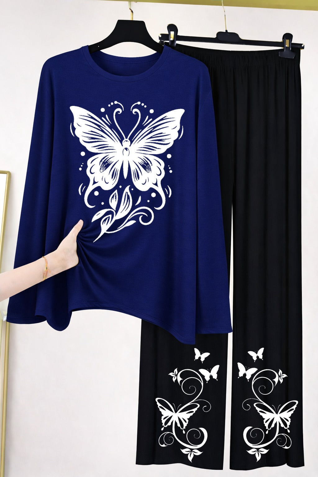 Butterfly Graphic Long-Sleeve Top & Wide-Leg Lounge Pants Set