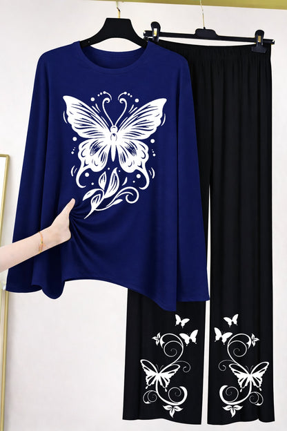 Butterfly Graphic Long-Sleeve Top & Wide-Leg Lounge Pants Set
