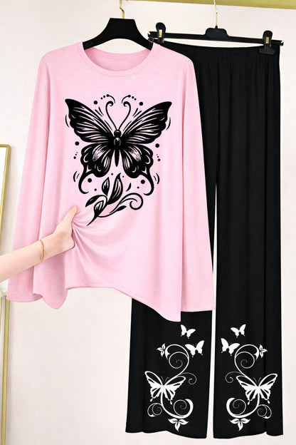 Butterfly Graphic Long-Sleeve Top & Wide-Leg Lounge Pants Set