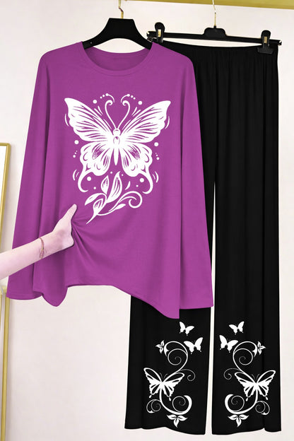 Butterfly Graphic Long-Sleeve Top & Wide-Leg Lounge Pants Set