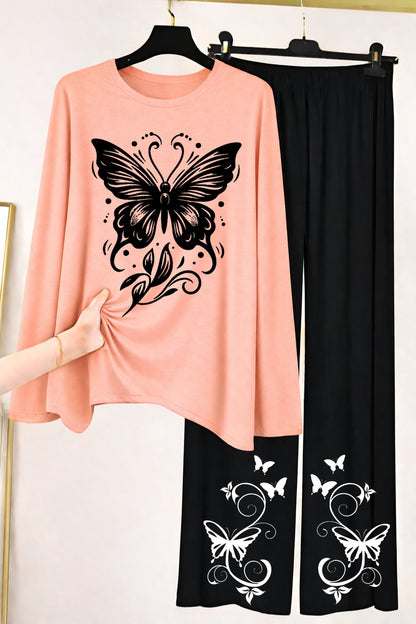 Butterfly Graphic Long-Sleeve Top & Wide-Leg Lounge Pants Set
