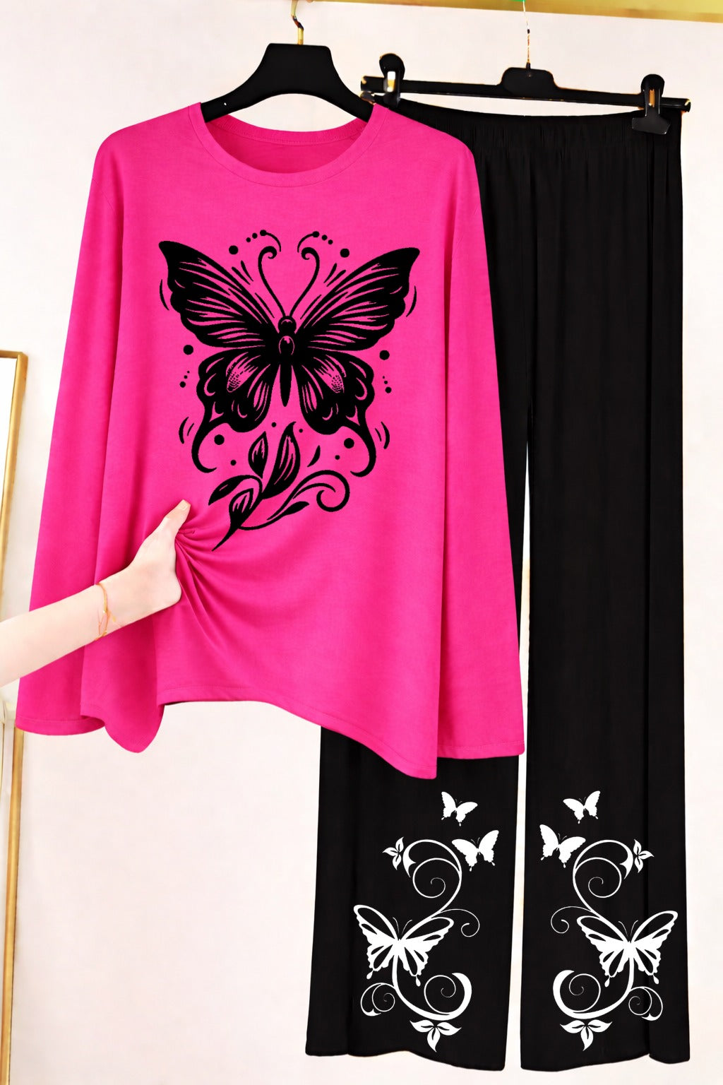 Butterfly Graphic Long-Sleeve Top & Wide-Leg Lounge Pants Set