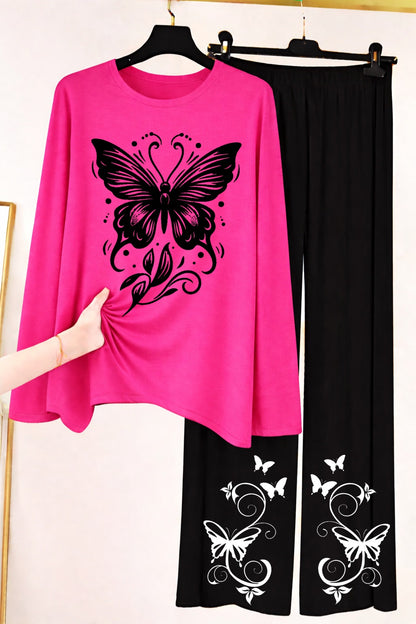 Butterfly Graphic Long-Sleeve Top & Wide-Leg Lounge Pants Set