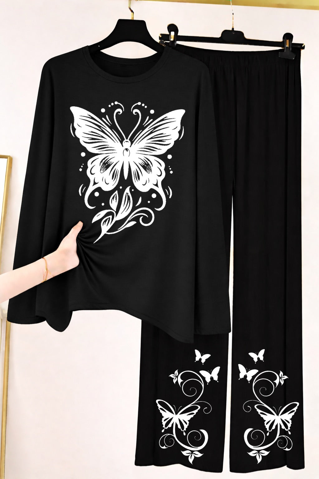 Butterfly Graphic Long-Sleeve Top & Wide-Leg Lounge Pants Set