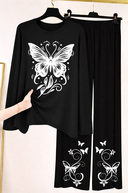 Butterfly Graphic Long-Sleeve Top & Wide-Leg Lounge Pants Set