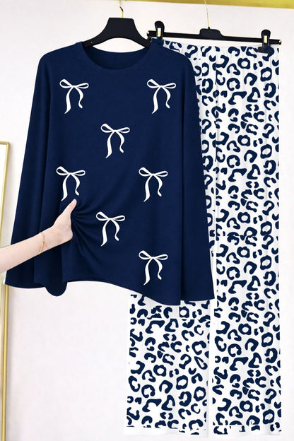 Bow Print Crewneck Top & Leopard Spotted Lounge Suit