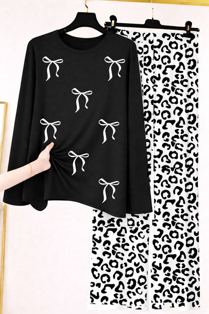 Bow Print Crewneck Top & Leopard Spotted Lounge Suit