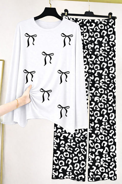Bow Print Crewneck Top & Leopard Spotted Lounge Suit