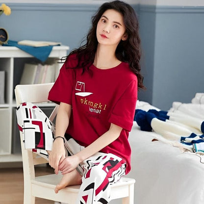 Urban Abstract: Women's Deep Red Graphic Tee & Geometric Print Pajama Set