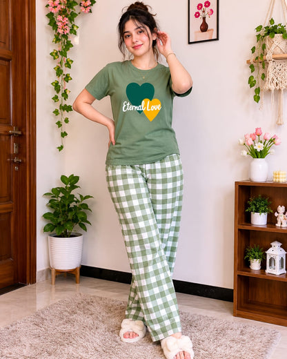 Eternal Love: Cute Olive Green Heart Graphic Tee & Plaid Pajama Set