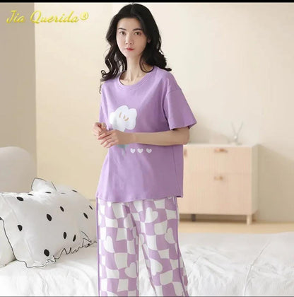 Lavender Dream: Cute Floral Graphic Tee & Heart Checkerboard Pajama Set