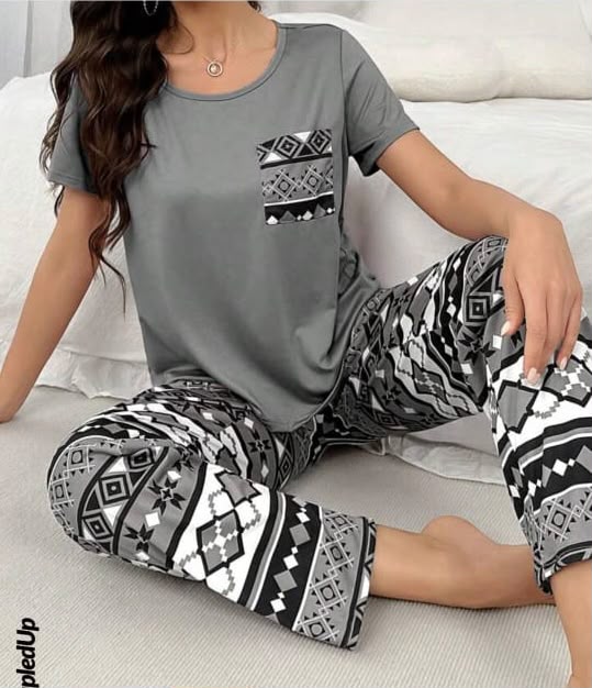 Modern Boho Vibe: Women's Grey Pocket Tee & Geometric Printed Pajama Set