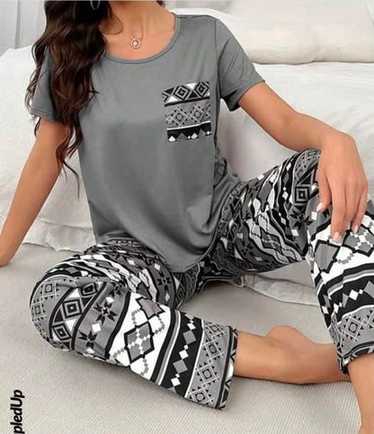 Modern Boho Vibe: Women's Grey Pocket Tee & Geometric Printed Pajama Set