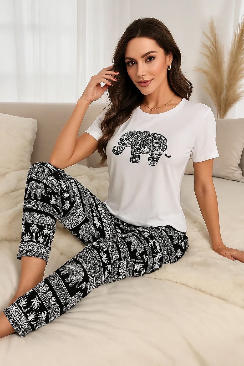 Elephatn Tee Print Lounge Pants Set