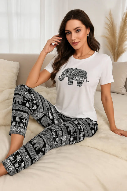 Elephatn Tee Print Lounge Pants Set