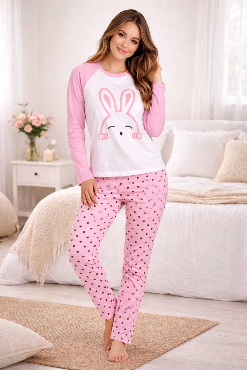 Sweet Bunny Comfort: Cute Pink Bunny & Polka Dot Pajama Set