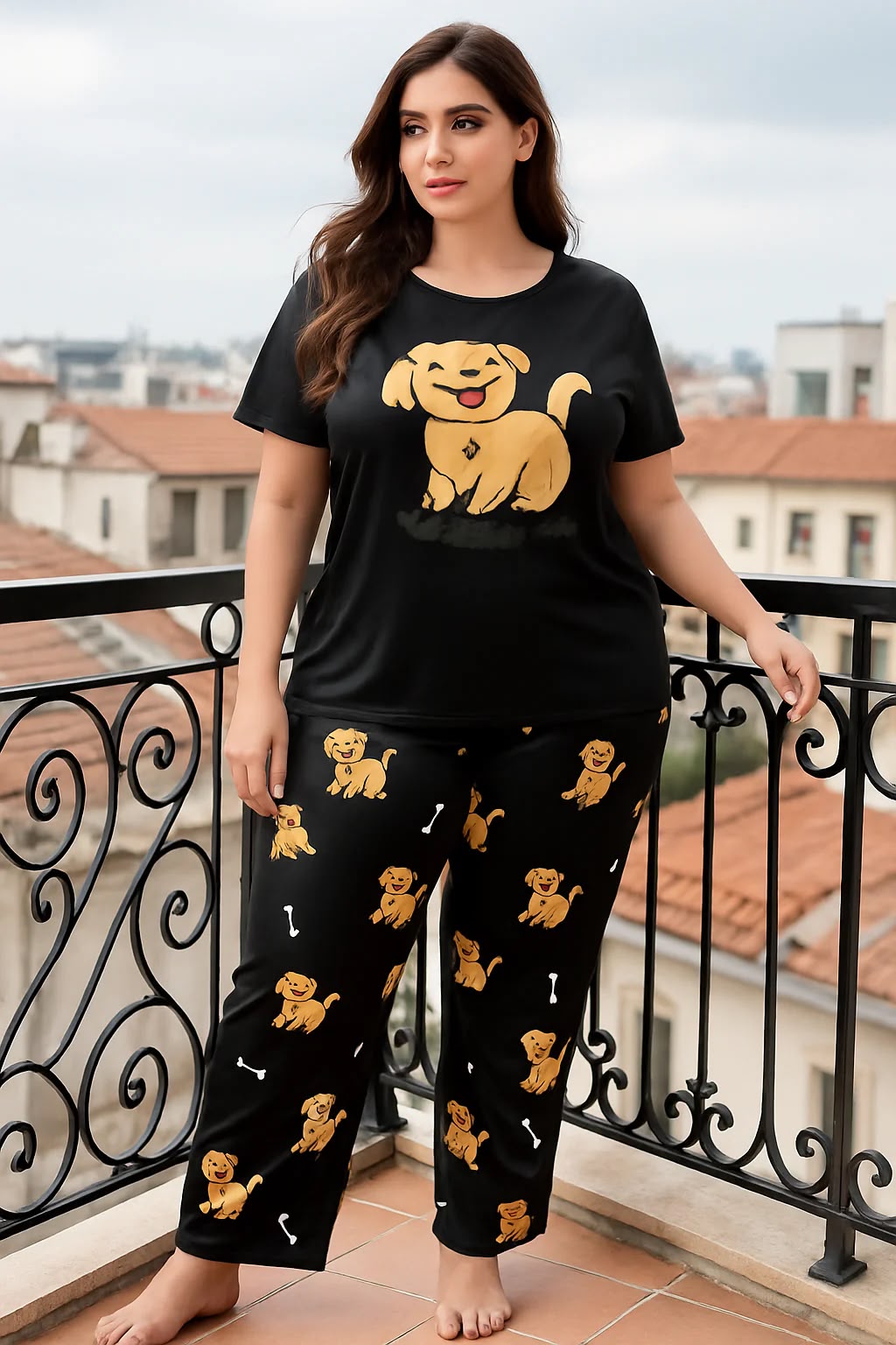 Cozy Paw-fection: Cute Golden Puppy Print Nightwear Pajama Set